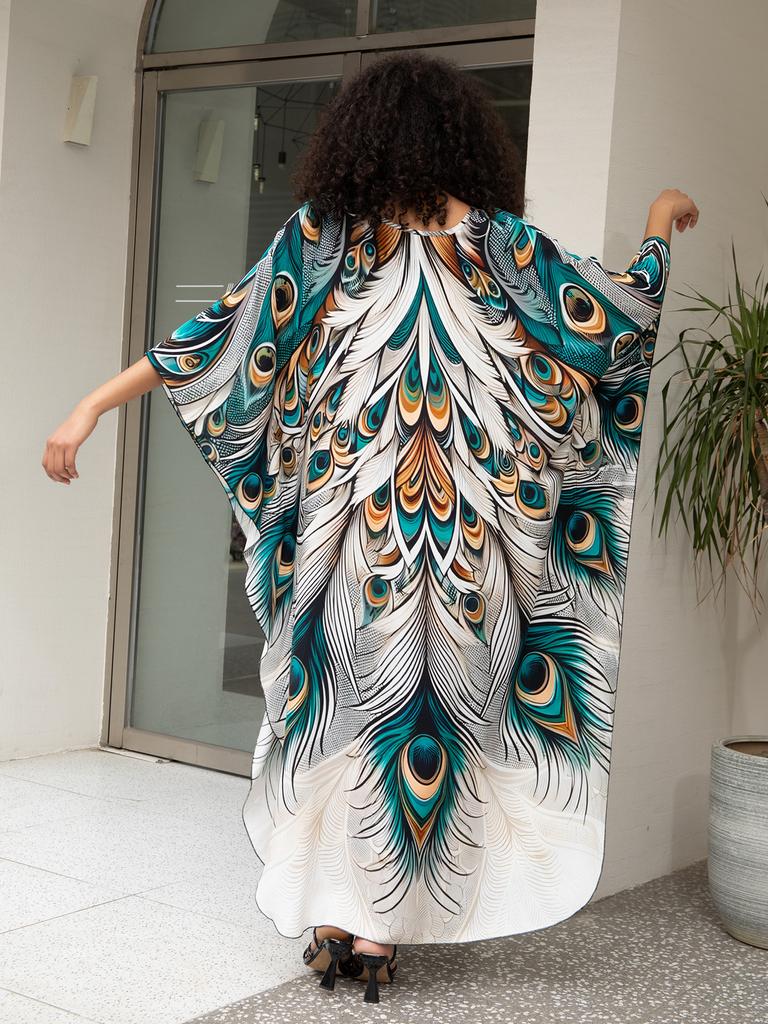 Beach Cover Up Geometric Printed Kaftans for Women Viscose Handmade Waved Maxi Dresses Summer Holiday Bathing Suits