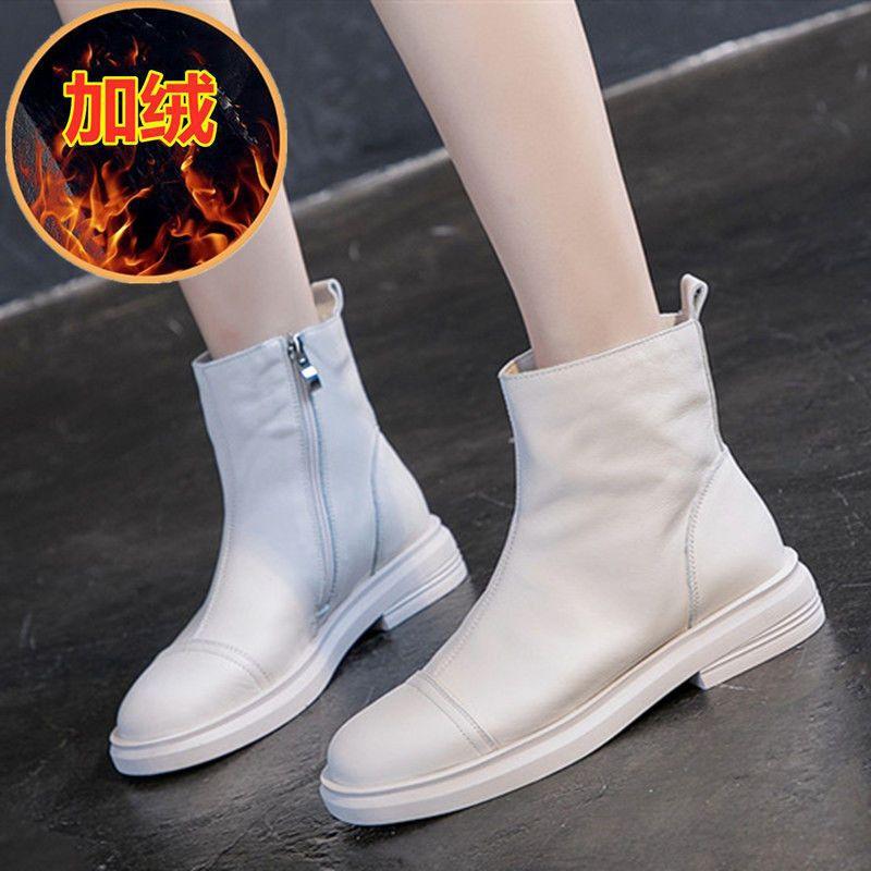 Low-top Leather Martin Boots Women's Autumn and Winter New Single Boots Casual Versatile Flat-bottomed Velvet Short Boots