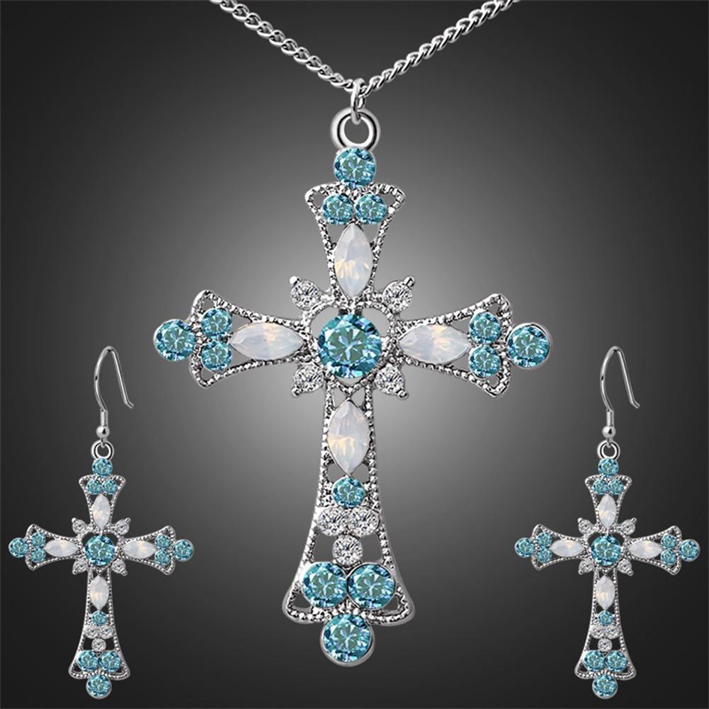 Женщины Rhinestone Инкрустация Крест Кулон Цепочка Ожерелье Крюк Серьги Ювелирный комплект