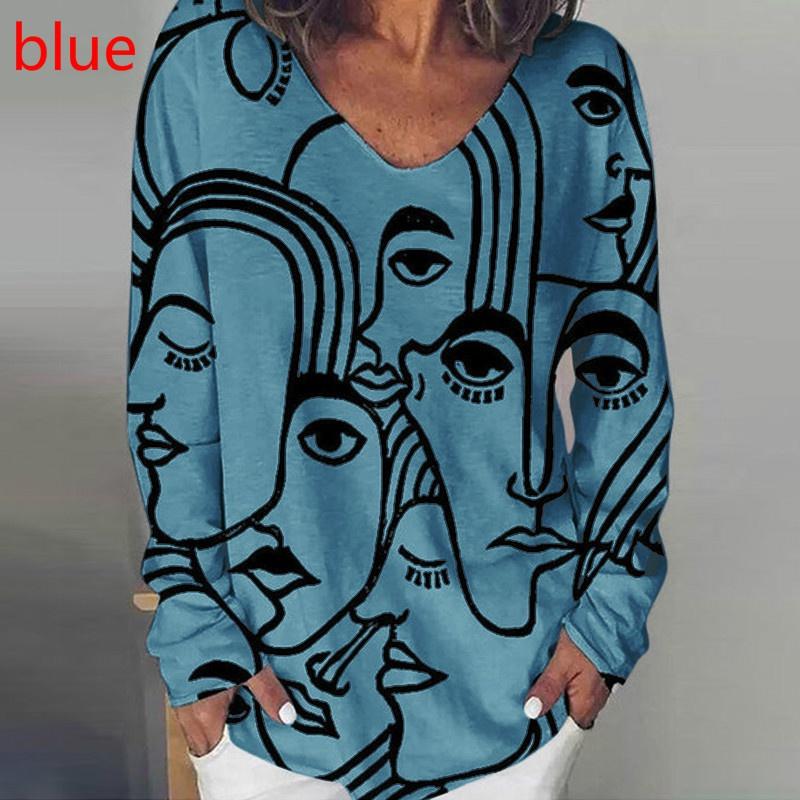Новая Женская Мода Тренд Одежда Свободная Повседневная С Длинным Рукавом Футболка с V-образным вырезом и Принтом Персонажа и Блузки Больших Размеров Топы