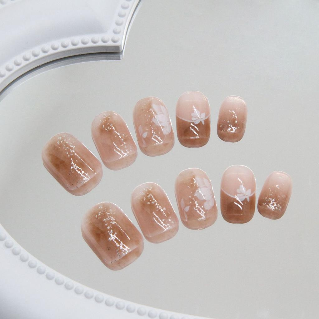 24 шт. осенне-зимний цветочный смазанный ноготь съемный элемент для ногтей элемент для ногтей блестящий короткий французский дизайн ногтей