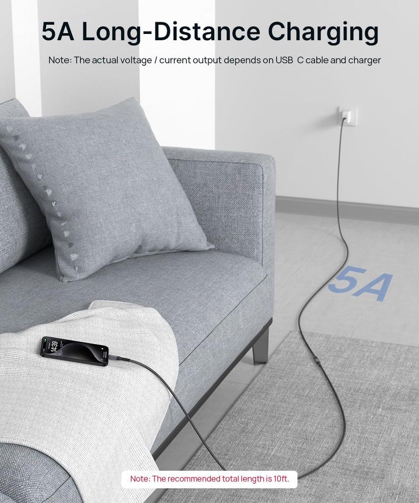 Удлинительный кабель JSAUX USB C 2 м Удлинительный кабель USBC Папа-Мама Совместимый с PD Высокоскоростная синхронная передача 10 Гбит/с Совместимый с iPhone Type C