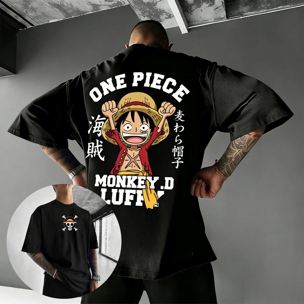 Bandai One Piece Принт Луффи Короткий рукав Свободный Мужские и Женские Летние Для поездок на работу Дышащая Спортивная Хлопковая Футболка 2026