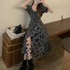 Floral Square Collar Dress Women Spring Summer 2025 New French Retro Design Mesh Splicing Mid-length Skirt