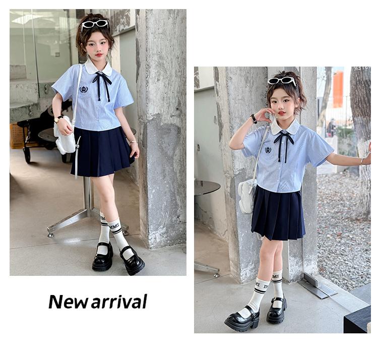 Girls' summer college style set, new children's stylish casual shirt, pleated skirt two-piece set, trendy