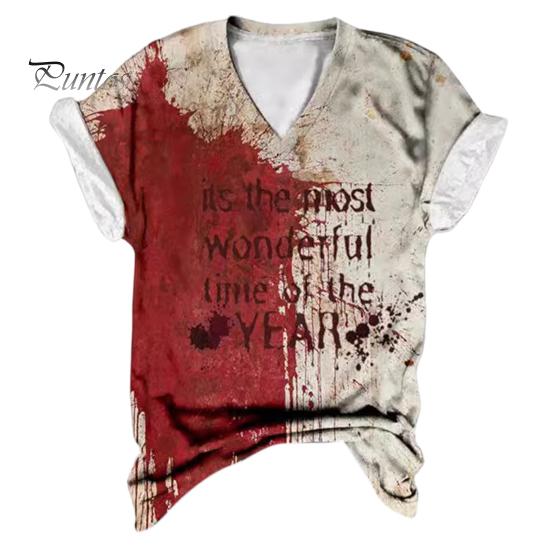 Женская футболка с V-образным вырезом и коротким рукавом, футболка с принтом крови на Хэллоуин, тонкая эластичная, для косплея, фестивалей, пуловеры, топы