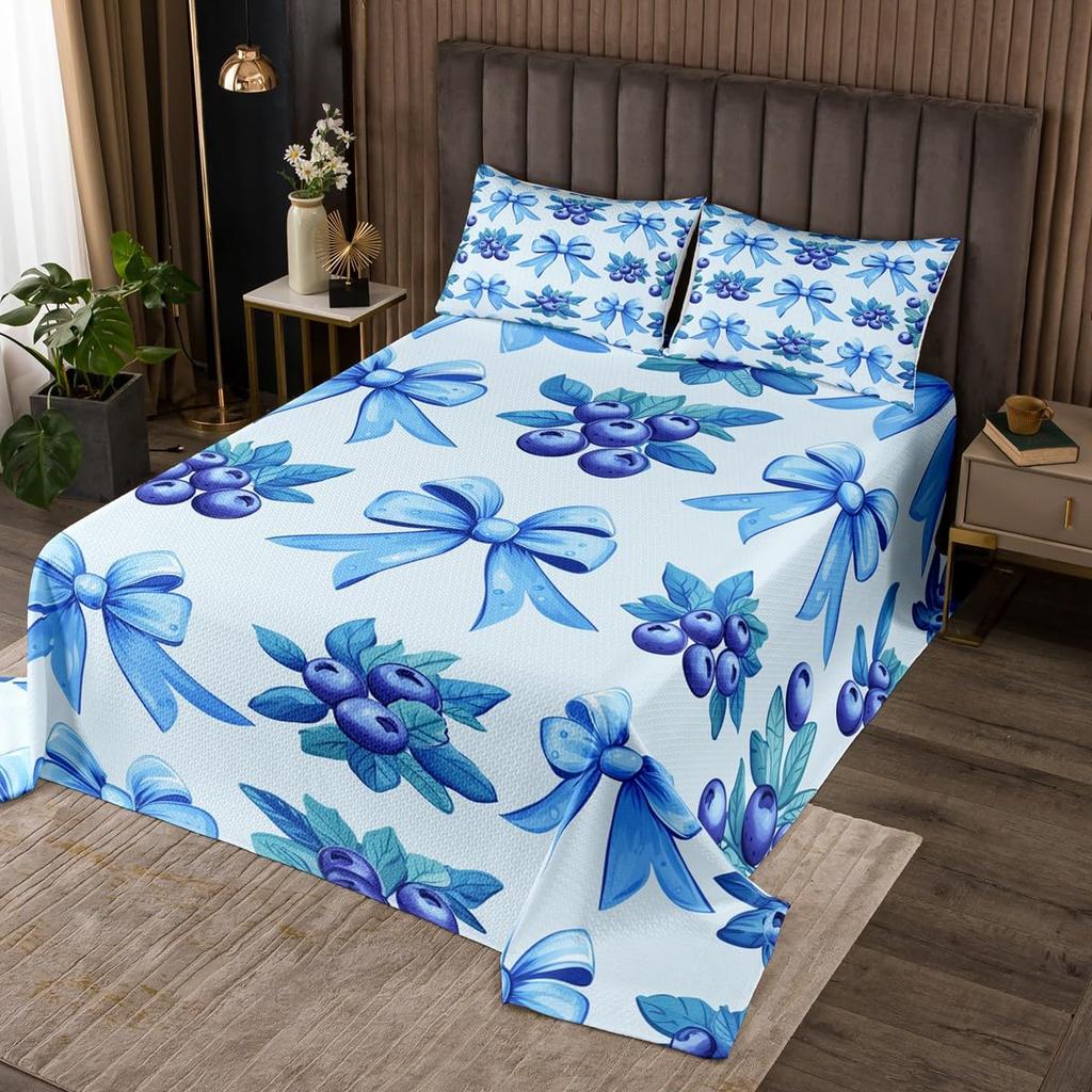 Cartoon Blueberry Bedspread Summer Tropical Fruit Quilted Coverlet Watercolor Botanical Leaves Flower Bedding Set for Teen Adult