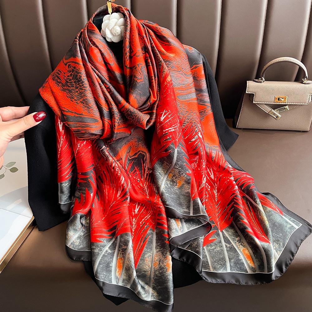 New Silk Scarf New Silk Satin Printed Shawl Holiday Fashion Sunscreen Long Section Simulation Silk Scarf