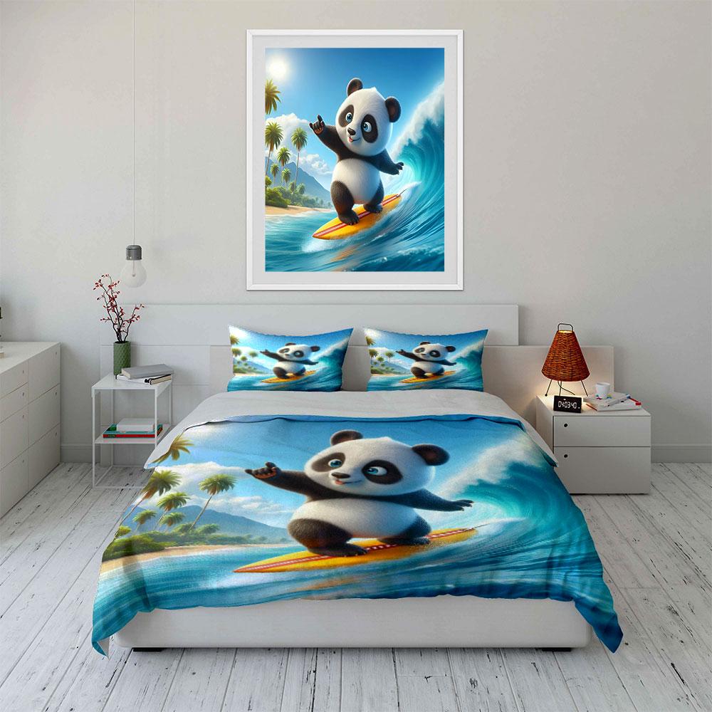 Surfing panda with waves. Bedding sets Duvet cover sets Duvet covers Pillowcases(1 * Duvet Cover 2 * Pillowcases without duvet insert)