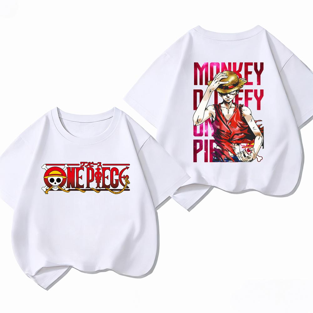 Bandai One Piece Luffy Kids TShirt 100 Cotton Boys Girls Summer Short Sleeve Clothes Children Anime Double Sided Graphic Tees