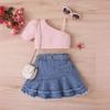 Костюм для девочек, летний детский однотонный топ с короткими рукавами, джинсовая плиссированная короткая юбка, пояс для костюма