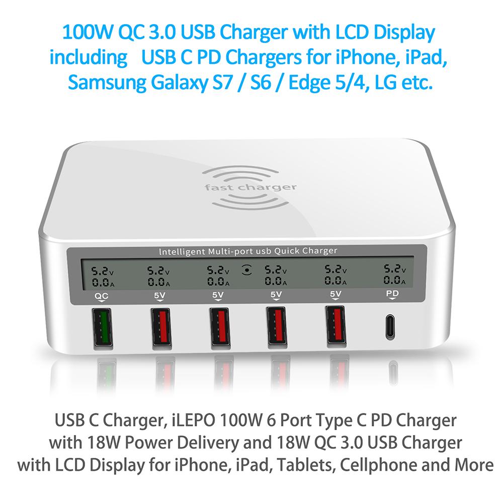 USB PD QC зарядное устройство адаптер беспроводное зарядное устройство 6 портов быстрая зарядная станция для iPhone 16/15/14 Pro Max iPad, Samsung Huawei