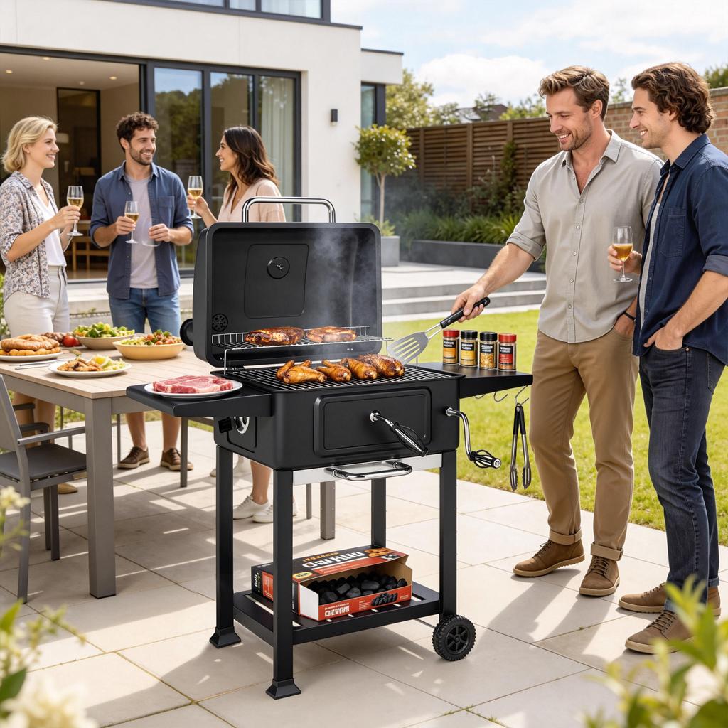 Charcoal BBQ Grill with Adjustable Charcoal Pan, Large Barbecue Grill Smoker with Side Tables, Temperature for Outdoor