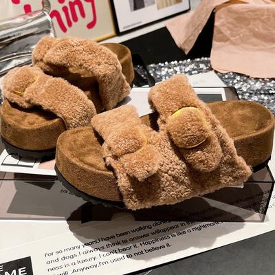 Зимняя мода толстоподошвенные повседневные тапочки из овечьей шерсти женские носить ленивые меховые интегрированные с открытым носком пушистые тапочки женская обувь