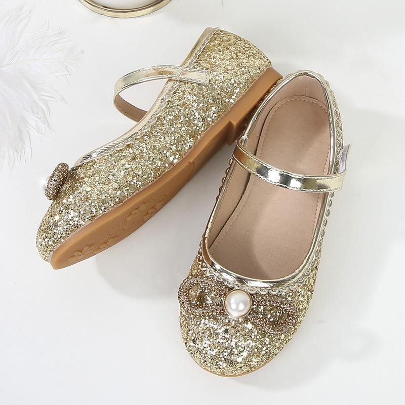 Детские туфли принцессы 2024 года, весна, новые мягкие туфли с кристаллами для маленьких девочек, туфли на плоской подошве, серебристые детские туфли Мэри Джейн для вечеринок, свадеб, шоу, ПУ