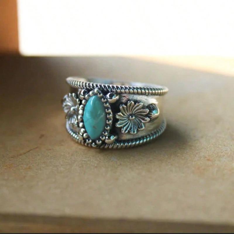 Винтажное кольцо с цветком в богемном стиле, из металла серебристого цвета с имитацией бирюзы, женское, подходит для вечеринки, собрания, ужина