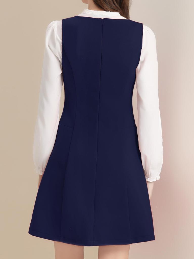 Allegra K Suspender Dress, A-Line Overalls Dress, Double-Breasted, Women's, Deep Blue, XL