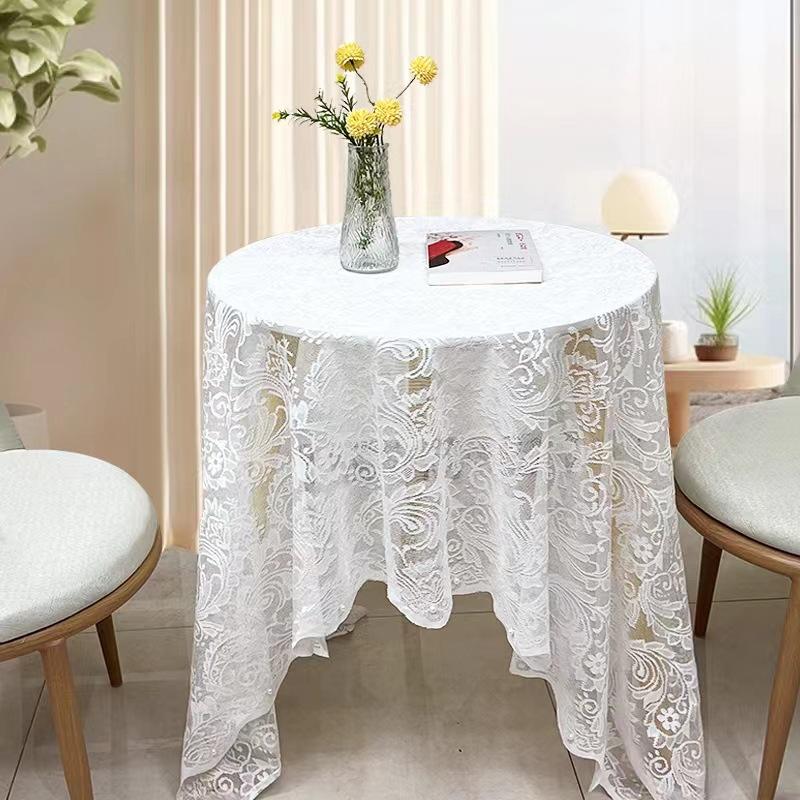 White Lace Beaded Tablecloth Premium French Style Small Round Table Decorative Background Cloth Romantic Light Luxury Tablecloth