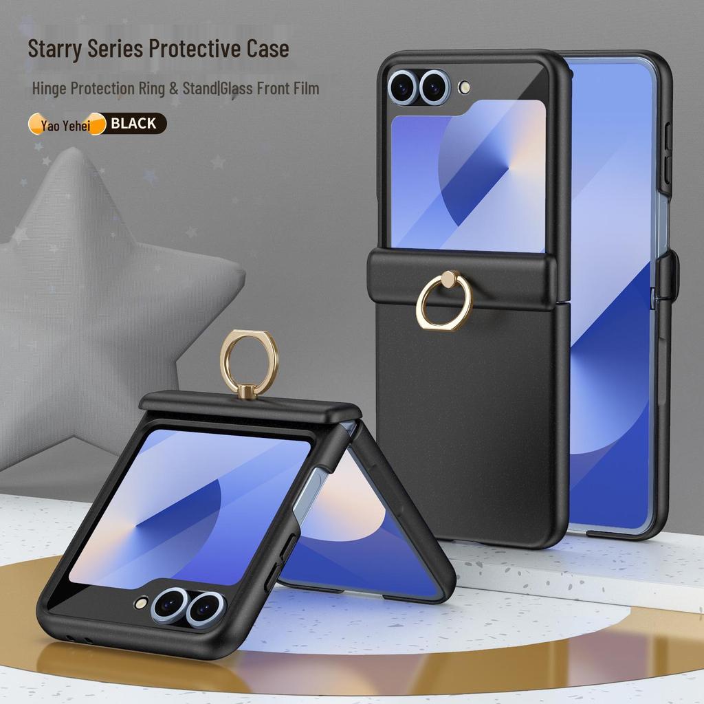 Противоударный чехол для телефона Samsung Z Flip7/6/5 с кольцом-подставкой на 4/3 пальца и пленкой с полным покрытием