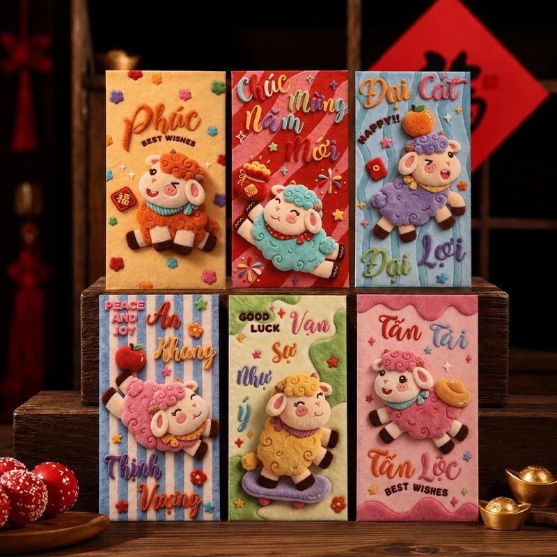 3D Cartoon Sheep Red Envelopes 6PCS Premium Thick Paper 6 Assorted Festive Designs for Wedding Baby Shower Cash Gifting