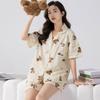 Summer Women's Japanese-Style Cute Teddy Bear Pajamas, Short-Sleeved Loose Cardigan, Casual Homewear Set.
