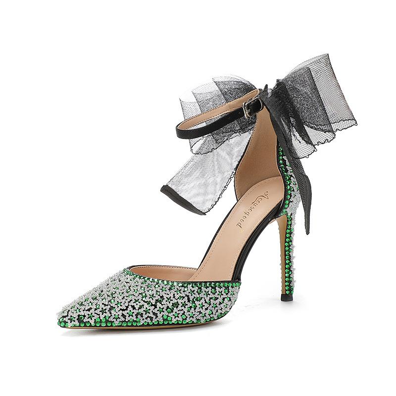 Fashion New Mesh Bowout Pearl Rhinestone Sexy Sandals  Women's Buckle Pointed High Heels Banquet Wedding Bride Bridesmaid Single Shoes