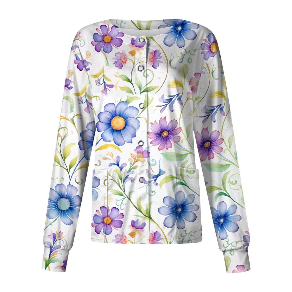 Женский однобортный защитный комбинезон с длинным рукавом и рождественским принтом, карманный рабочий воротник-стойка, кардиган, куртка, топ