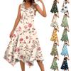 Women's Summer Fashion Round Neck Sleeveless Floral Print Irregular Hem Midi Dresses