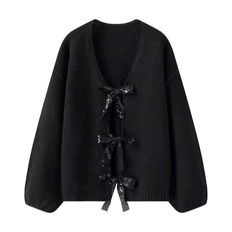 Araltay Fashion Style Women's Clothing French Style New Arrival Fashionable Sequins Bowknot Decoration Loose Knitting Sweater Cardigan