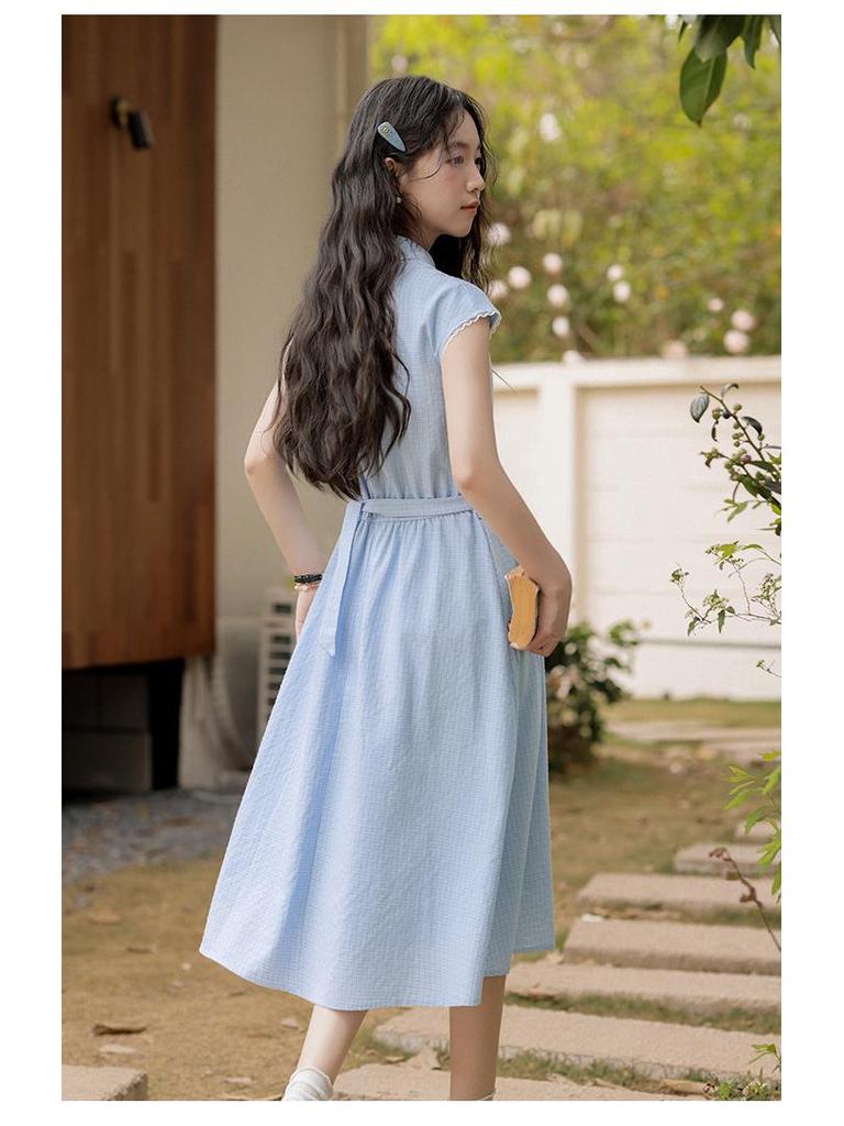 **2025 Лето Синее Клетчатое Платье Без Рукавов Воротник Поло Тонкий Жилет Жилет**