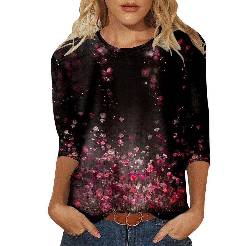 Женская футболка с 3D-принтом, винтажным цветочным принтом, повседневная, с длинным рукавом, круглым вырезом, обычный топ, с повседневным принтом, розовая, весна и осень