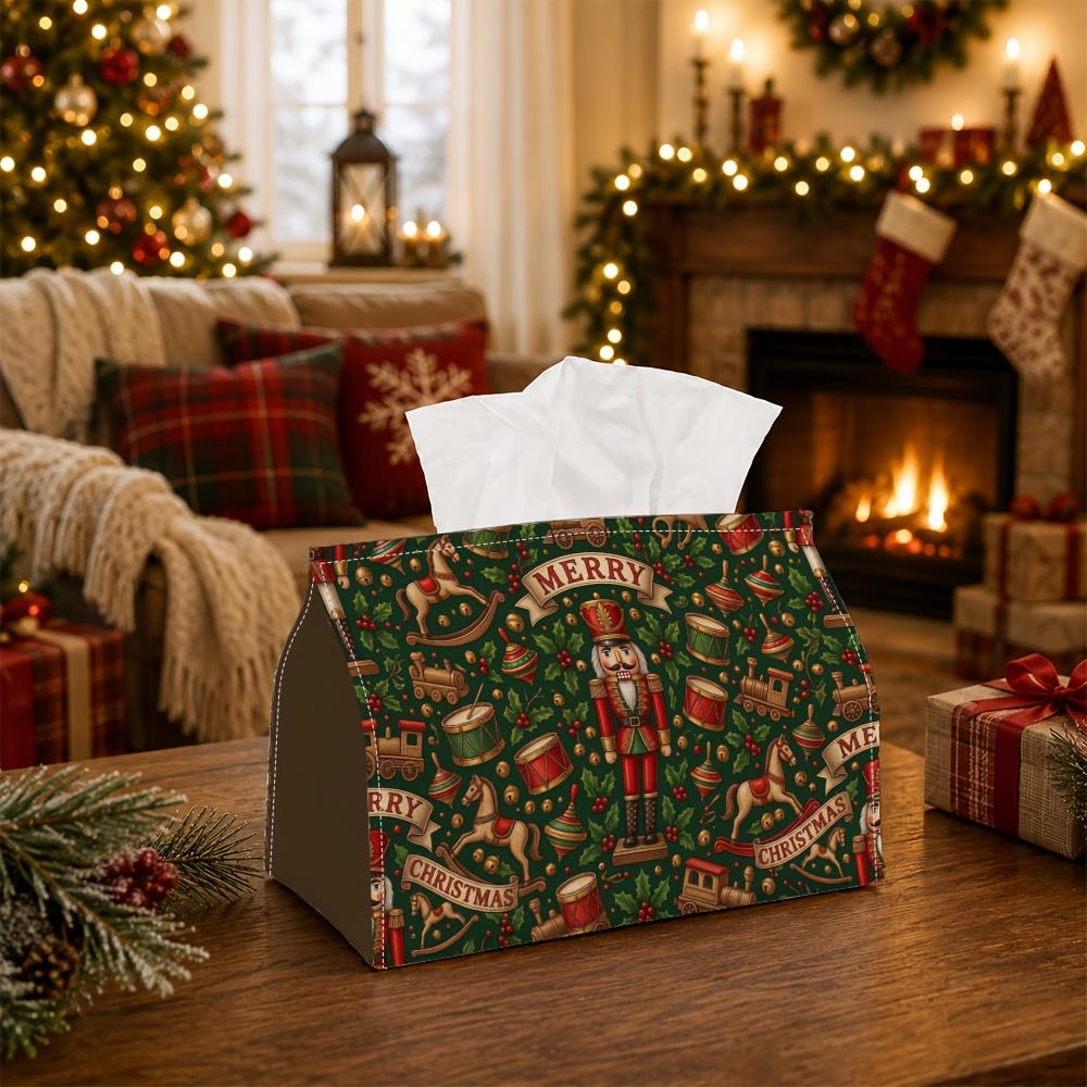 1pc Classic Traditional Christmas Tissue Box - Multi-Functional Napkin Box, Available in Durable Polyester, Decorated with Nutcracker Rocking Horse Dr