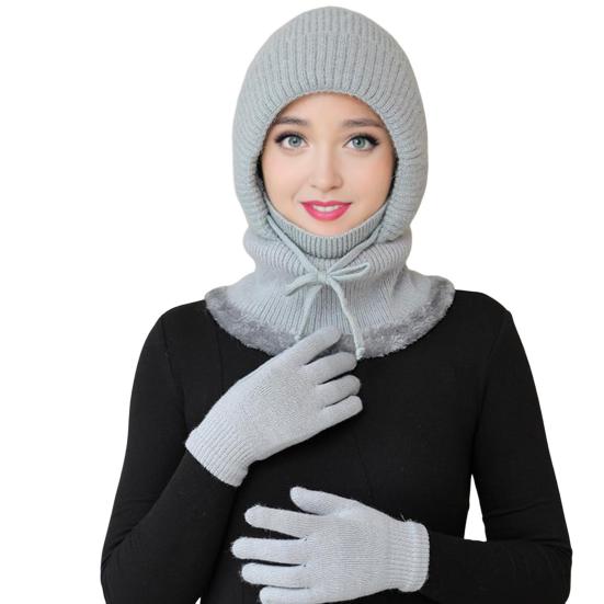 2Pcs/Set Women Hat Gloves Set Solid Color Plush Lining Knitting Beanie Hat with