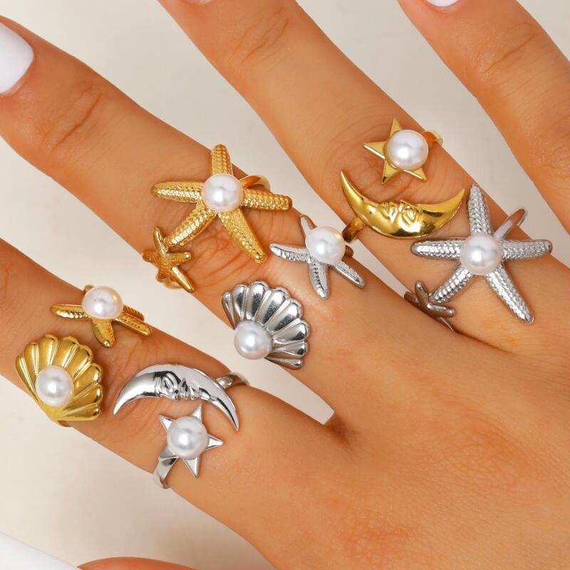 Stainless Steel Star Moon Shell Starfish Open Rings for Women Men Bohe Holiday Waterproof Rings Beach Party Jewelry Accessories