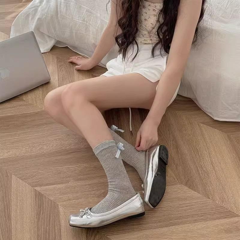 5 Pairs of New Spring and Summer Women's Plaid Bow Mid Calf Stacking Socks