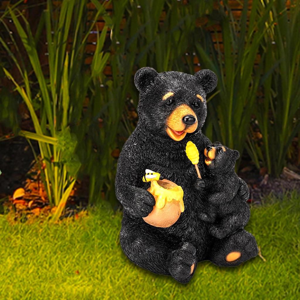 Solar Garden Statue Black Bears Figurine, Resin Outdoor Figurine Light, Decorative Sculpture for