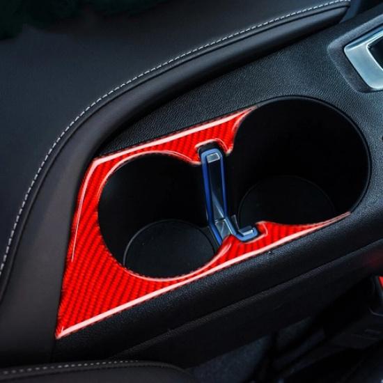 Bright Red Carbon Fiber Car Console Cup Holdler Panel Cover For Camaro 16-19