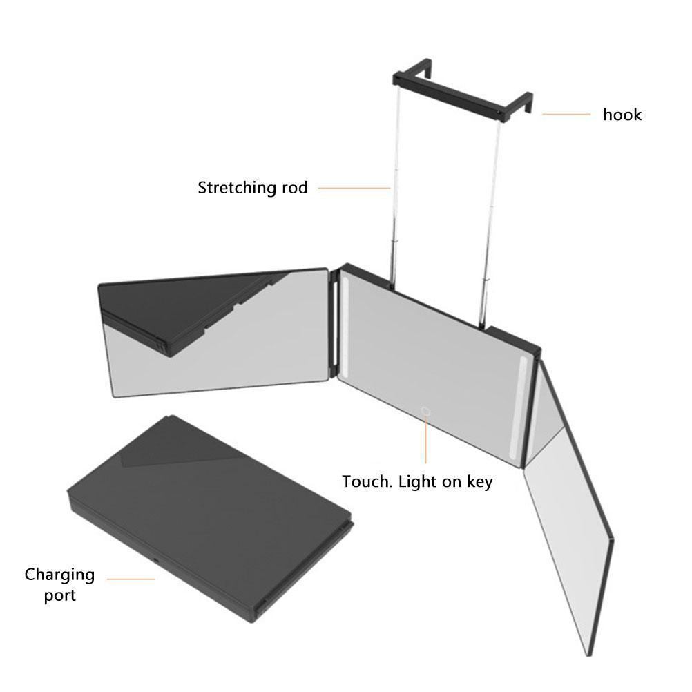 Trifold Mirror LED Makeup Mirror 3 Way Mirror for Self Hair Cutting Lightweight Portable Adjustable