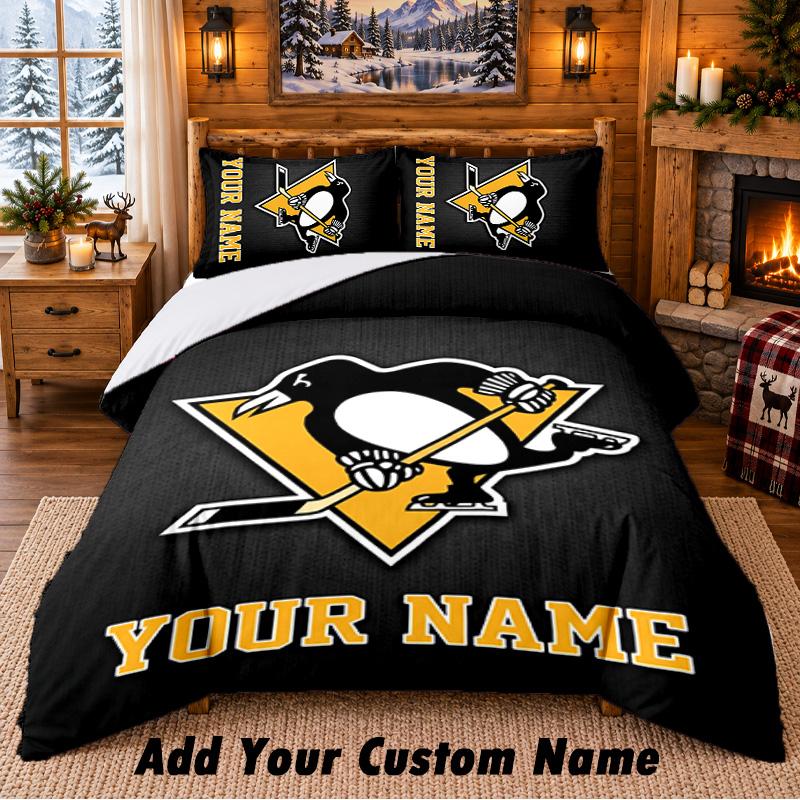 Pittsburgh Penguins Pattern Bedding 3Pcs Set Custom Name, Bed Sheet And Pillowcases For Home Bedroom