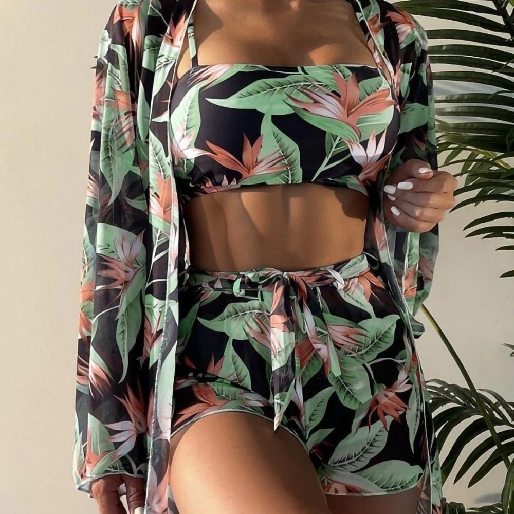 Европейский и американский купальник женский раздельный четырехсекционный с высокой талией и длинными рукавами боксеры бикини