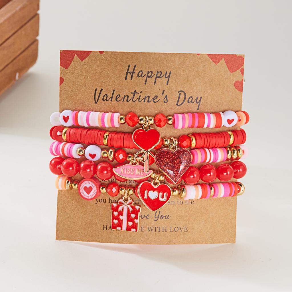New “LOVE” Pink Heart-shaped Pendant Beaded Elastic Multi-layered Layered Bracelets  for Women Girl Valentine's Day Gift Jewelry