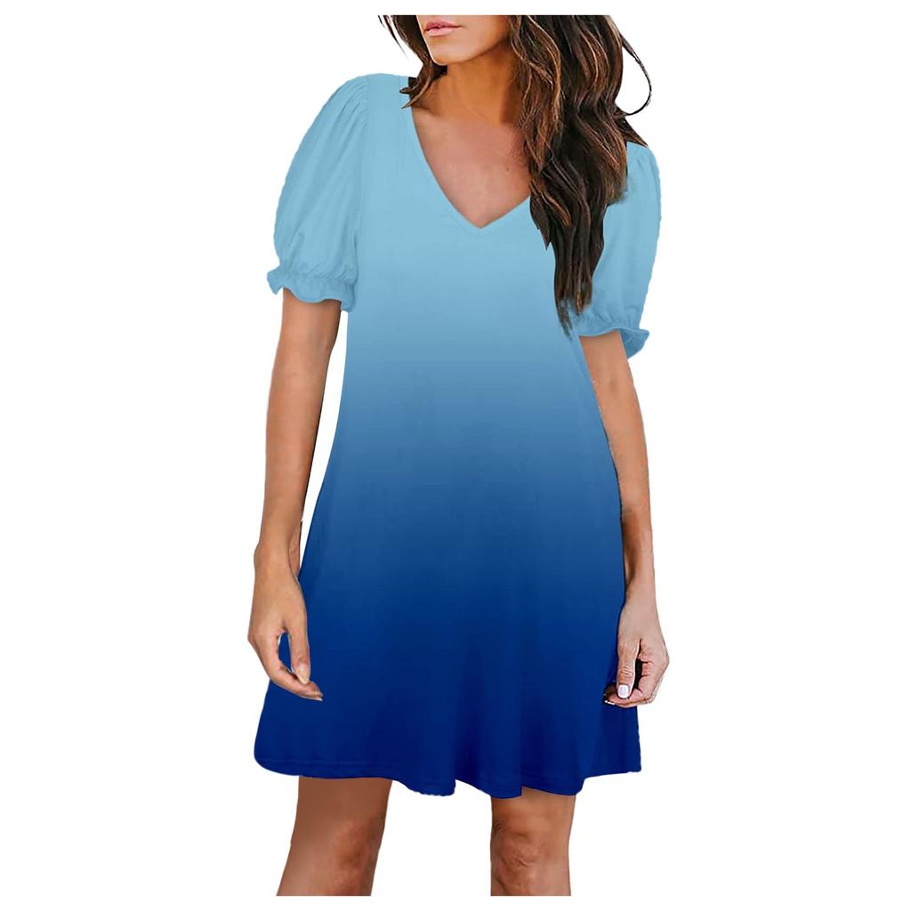 Women's Summer Fashion Gradient Color V-neck Petal Sleeve Short Sleeve Pocket Dress