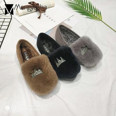 Модные блестящие короны, плюшевые криперы, женские, большого размера 41 42, зимние мокасины из кроличьего меха, женские, блестящие, пушистые, мюли