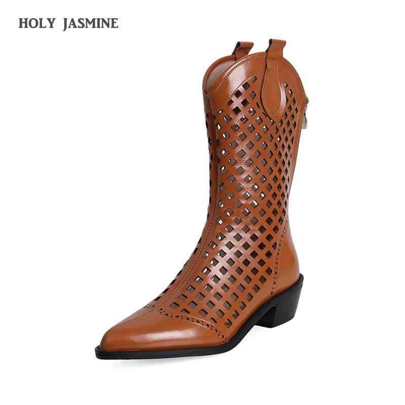 2024 Autumn New Shoes Woman Designers Chic Hollow Boots Pointed Toe Natural Genuine Leather Women Boots Mid-Calf Womens Shoes