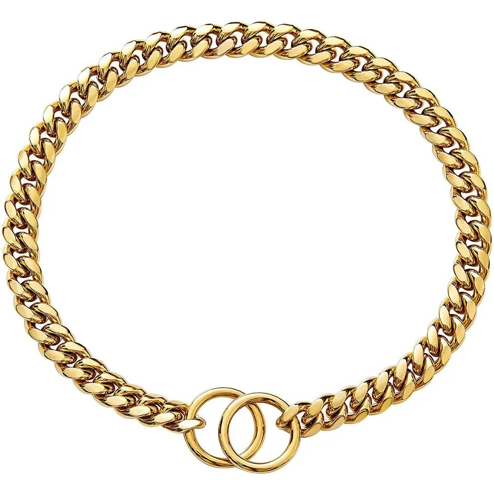 Gold Chain Dog Collar 10mm Fashion Dog Cuban Link Pet Gold Necklace Metal Puppy Jewelry Bulldog P Chain Pet Training Slip Collar
