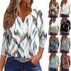 3/4 Length Sleeve Womens Tops Floral Print Vintage Fashion Casual Loose With V Neck Plus Size Shirts