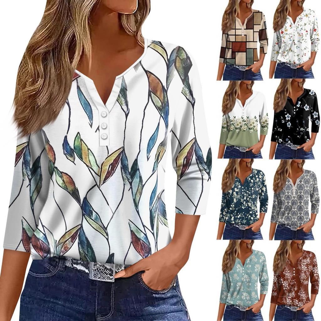 3/4 Length Sleeve Womens Tops Floral Print Vintage Fashion Casual Loose With V Neck Plus Size Shirts