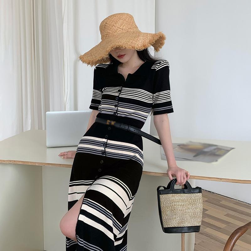 Трикотажные полосатые платья для женщин, повседневное платье с высокой талией и коротким рукавом, весенняя женская одежда с разрезом