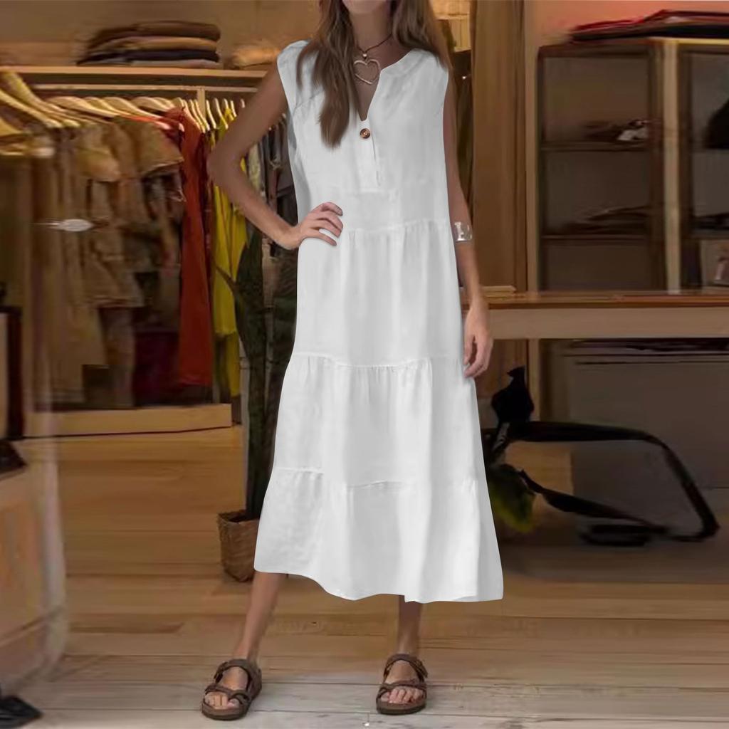 Женская мода без рукавов плиссированное хлопковое льняное платье-жилет на пуговицах