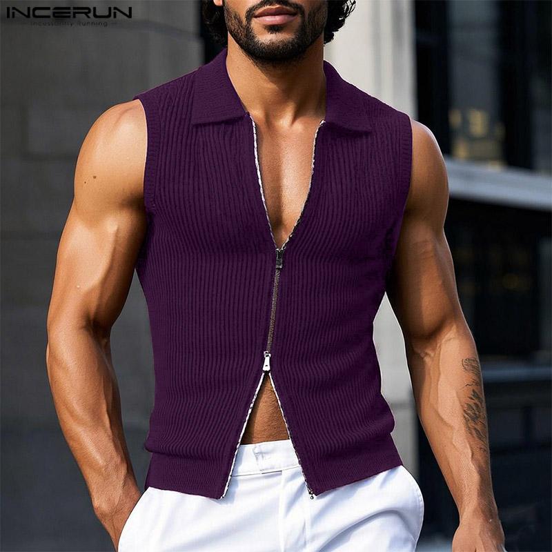INCERUN Мужские летние топы с отворотом на молнии без рукавов в рубчик